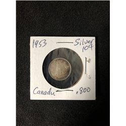 1953 CANADIAN SILVER 10 CENTS (.800 SILVER)