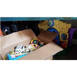 LARGE BOX OF KIDS TOYS AND FISHER PRICE ACTIVITY CENTER