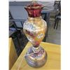 Image 2 : ANTIQUE CRANBERRY GLASS TABLE LAMP WITH GILT AND ENAMEL OVERLAY