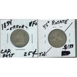 1834 Cap. Bust Quarter Error. F+. 45* rotated left. 