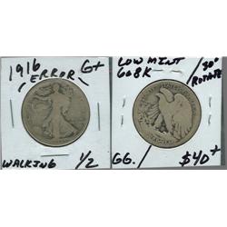 1916 Walking Half Dollar Error. G+. 30* rotated left. Key 608,000. 