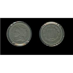 1865 3 Cent Piece. F+. Full Liberty/Rims. Lots of lines