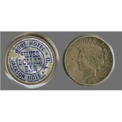 Jackson Hole WY Wort Hotel label on Peace Dollar
