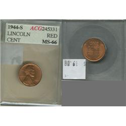 1944-S Lincoln Cent ACG MS66 red