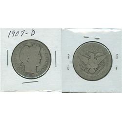 1907 D BARBER HALF DOLLAR.