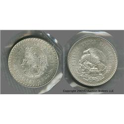 1947 silver Mexico 5 Peso Cuauhtemoc Unc; Large and very popular!