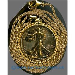 Walking Liberty Half on gold plated bezel and chain; Interesting novelty