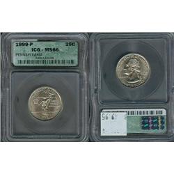1999-P Pennsylvania Quarter ICG Graded MS66; Gem circulation dates are hard to find, trends $50