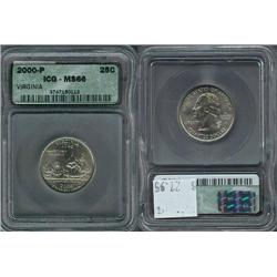 2000-P Virginia Quarter ICG Graded MS66; Gem circulation dates are hard to find, trends $28