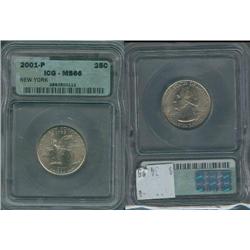 2001-P New York Quarter ICG Graded MS66; Gem circulation dates are hard to find, trends $35