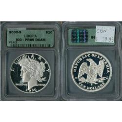 Liberia 2000-S $10 Peace type ICG PR69 DCAM; Beautiful piece struck with 1 oz .999 fine silver, cert