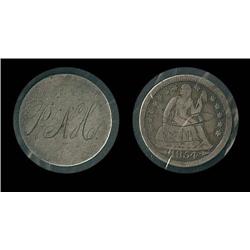 Love token "PAH" on 1854 dime; Early piece