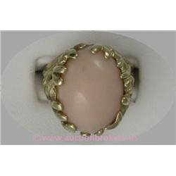 14 K YELLOW GOLD LADIES GEMSTONE RING SET WITH A CORAL CABOCHON 15 X 12 MM IN AN OPENWORK FREEFORM S