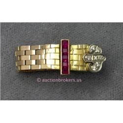 14 K WHITE AND YELLOW GOLD LADIES  BUCKLE STYLE GOLD LINK RING SET WITH FIVE SQUARE RUBIES EACH 1MM 
