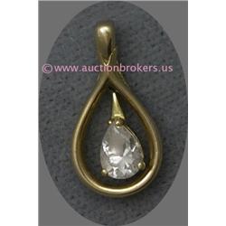 14 K YELLOW GOLD LADIES PENDANT SET WITH A DANGLE PEAR CUT CUBIC ZIRCONIA STONE. 1.3 GRAMS.