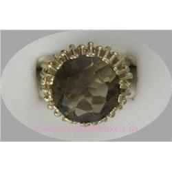 14 K YELLOW GOLD LADIES GEMSTONE RING SET WITH A ROUND BRILLIANT CUT  SMOKEY TOPAZ STONE 14 MM. 6.5 