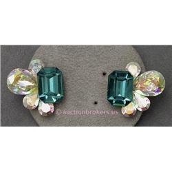 SIGNED VINTAGE FASHION CLIP STYLE EARRINGS BY NELLY IN COLORED AND IRIDESCENT STONES. THESE VINTAGE 
