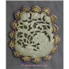 Image 1 : 14 K YELLOW GOLD AND BLUE ENAMEL FRAMING A JADE PAPERWEIGHT DEPICTING ASIAN OPENWORK SCROLL AND A FI