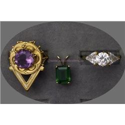 COLLECTION OF  STERLING/STERLING WITH GOLD PLATE FASHION JEWELRY ITEMS INCLUDING A CUBIC ZIRCONIA RI
