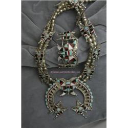 HAND CRAFTED OLD INDIAN PAWN JEWELRY SET INCLUDING A CUFF STYLE BRACELET AND A MATCHING SQUASH BLOSS