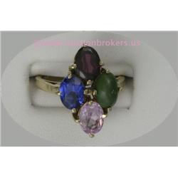 14 K YELLOW GOLD VINTAGE MOTHERS RING SET WITH OVAL AND PEAR SHAPED JADE, BLUE SAPPHIRE, RUBY, AND P