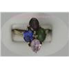 Image 1 : 14 K YELLOW GOLD VINTAGE MOTHERS RING SET WITH OVAL AND PEAR SHAPED JADE, BLUE SAPPHIRE, RUBY, AND P