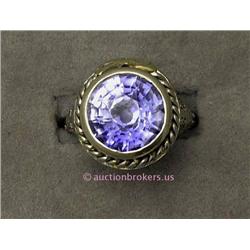 14 K WHITE GOLD LADIES FILIGREE STYLE GEMSTONE RING SET  A MODIFIED ROUND CUT TANZANITE STONE 6.3 GR