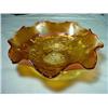 Image 1 : ACORN PATTERN IRIDESCENT SATIN GLASS BOWL IN AN AMBER COLOR WITH RUFFLED RIM 2.50" X 7"/