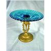 Image 1 : BLUE PATTERN GLASS DISH ON PEDESTAL BASE OF BRASS.