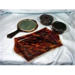 BAKELITE (LOOKS LIKE TORTOISE SHELL) VANITY SET INCLUDING TRAY, HAND MIRROR, AND TWO CONTAINERS WITH