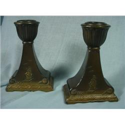 BRONZE SAILING SHIP MOTIF CANDLESTICKS 4".