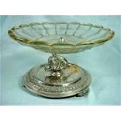 PEDESTAL SERVING DISH WITH SILVERPLATE FIGURAL GRIFFIN/GARGOYLE BASE. 6" X 10.5".