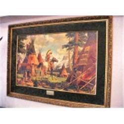 FRAMED AND MATTED PRINTED BY ARTIST ARNOLD FRIBERG "HER HERO" IN A NATIVE AMERICAN THEME. 29.5" X 41