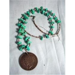 BEADED NATIVE AMERICAN STYLE NECKLACE WITH 1923 PEACE DOLLAR PENDANT SURROUNDED BY TURQUOISE NUGGET 