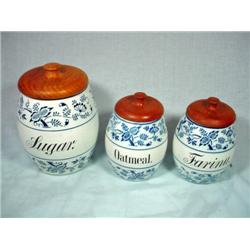 MEISSEN BLUE AND WHITE SET OF THREE CANNISTERS, THE LARGEST WITH "FARINA" ALL WITH OLD MARK.