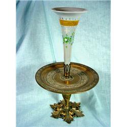 HANDPAINTED EPERGNE WITH INSERT OF A FIREGLOW OPAQUE HANDPAINTED FLORAL DESIGN FLUTE ON A BRONZE OWL