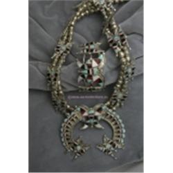 HAND CRAFTED OLD INDIAN PAWN JEWELRY SET INCLUDING A CUFF STYLE BRACELET AND A MATCHING SQUASH BLOSS