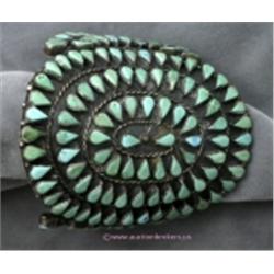 HAND CRAFTED OLD INDIAN PAWN JEWELRY SILVER TURQUOISE CLUSTER BRACELET. THIS HEAVY COLLECTORS BRACEL
