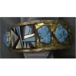 SIGNED HAND CRAFTED NATIVE AMERICAN PAWN 12 K GOLD OVER STERLING CUFF STYLE BRACELET SET WITH THREE 