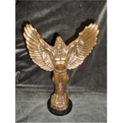 BRONZE STATUE OF A NATIVE AMERICAN IN FULL EAGLE CEREMONIAL DRESS 19" X 10" WINGSPAN.