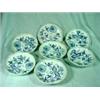 Image 1 : SET OF SEVEN MEISSEN ONION PATTERN FRUIT BOWLS IN THE OLD CROSSED SWORDS MARK. (ONE HAS CHIP) 5.75".