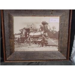 VINTAGE RAILROAD PHOTO WITH BARNWOOD FRAME 19"WIDE 17" HIGH. (2215)