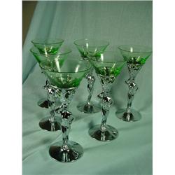 SET OF 6 MARTINI GLASSES WITH A FIGURAL ART DECO NUDE AS THE PEDESTAL WITH GREEN DEPRESSION GLASS IN