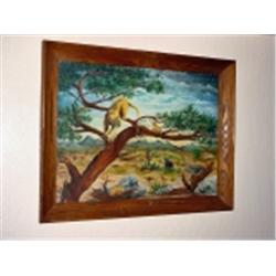 OIL PAINTING ON BOARD IN A WILDLIFE THEME. Y. LUCAS, ARIZONA ARTIST IN A WOODEN OAK FRAME 22.5" X 27