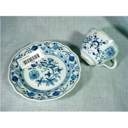 MEISSEN ONION PATTERN CUP AND SAUCER WITH NEW MAKERS MARK.