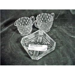 SET OF FOSTORIA CREAM & SUGAR 3" AMERICANA PATTERN WITH ENGLISH CUT GLASS NUT DISH 4" X 4".