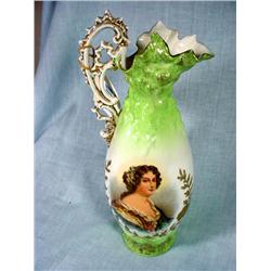 VICTORIA AUSTRIA HANDPAINTED SIGNED PORTRAIT PITCHER MADRE DE MONTPENSIER WITH INTICATED HANDLES AND