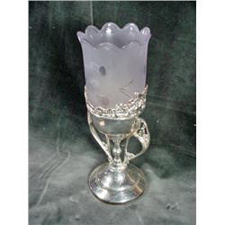VICTORIAN SATIN GLASS HAND CUT CELERY DISH IN AN ORNATED FOOTED SILVERPLATE BASE. 10.5 INCHES.