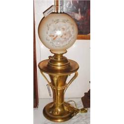 BRADLEY HUBBARD LAMP WITH HANDPAINTED GLASS GLOBE IN A CHERUB THEME, BRONZE BASE, AND CHIMNEY. 33" X