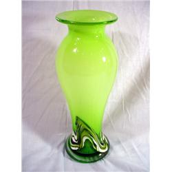 ART GLASS VASE IN LIME WITH DARK GREEN AND WHITE SWIRL PATTERN 13.5"